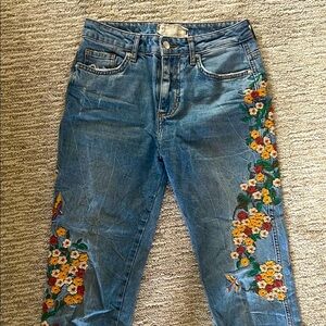 Free People Denim Jeans with Floral Embroidery